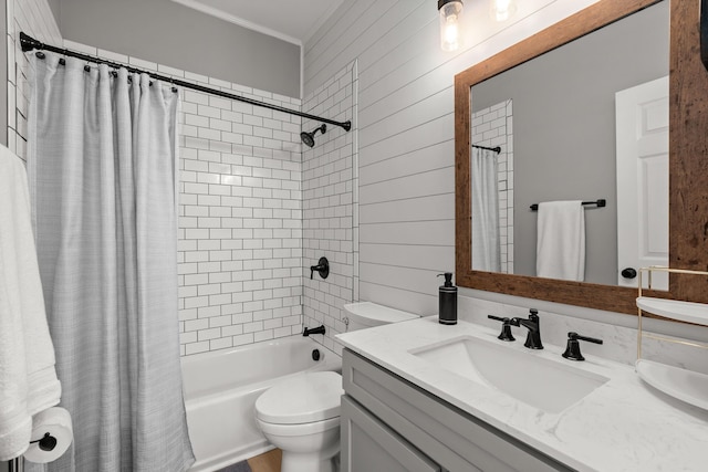 1179 Holly Bend Dr, Mount Pleasant, SC 29466 - full bath with ornamental molding, vanity, toilet, shower / tub combo with curtain, and wooden walls