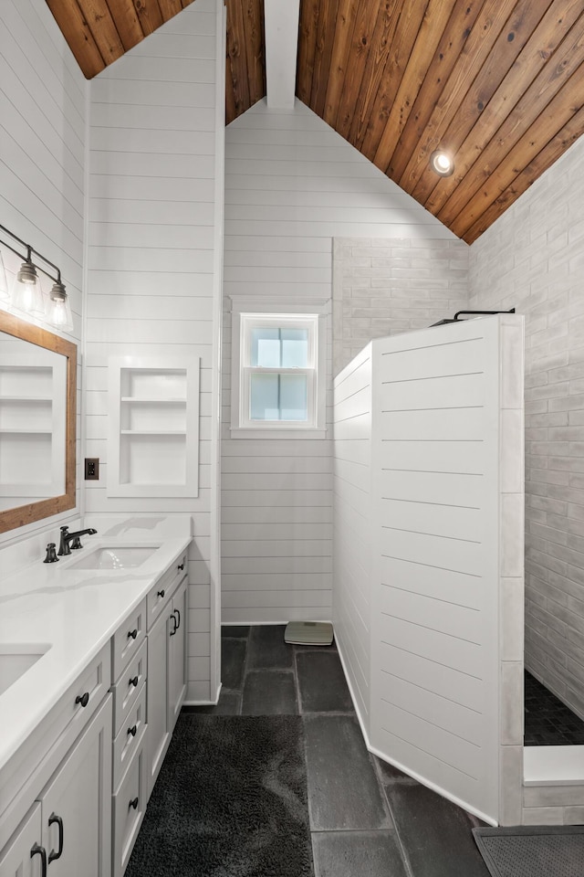 1179 Holly Bend Dr, Mount Pleasant, SC 29466 - full bathroom featuring wooden ceiling, double vanity, and walk in shower