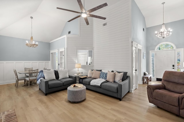 1179 Holly Bend Dr, Mount Pleasant, SC 29466 - living area featuring high vaulted ceiling, a chandelier, ceiling fan, and light wood-style floors