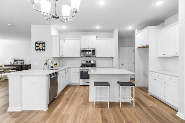 kitchen with light wood-type flooring, a sink, white cabinetry, appliances with stainless steel finishes, and a peninsula