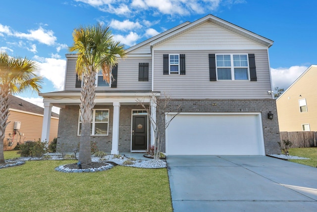 view of front facade with brick siding, concrete driveway, an attached garage, fence, and a front lawn