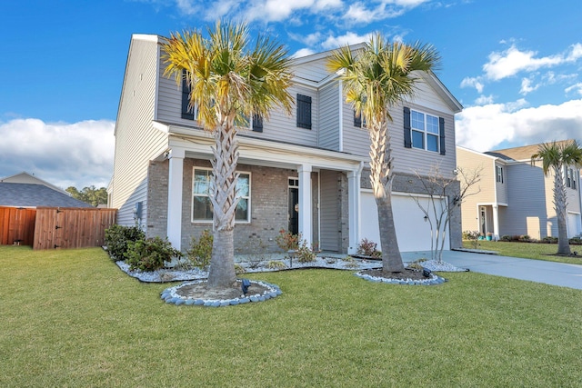 view of front facade featuring driveway, an attached garage, fence, a front lawn, and brick siding