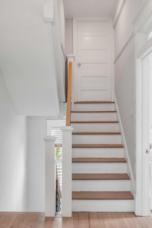 stairway featuring wood finished floors