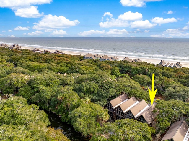 aerial view featuring a water view and a view of the beach