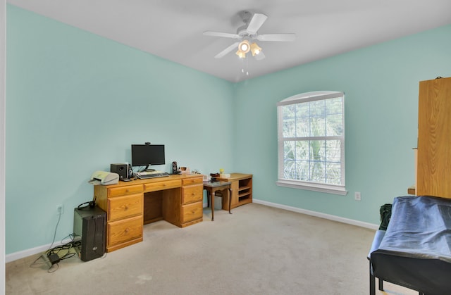 office area with light colored carpet and ceiling fan