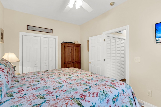 bedroom with ceiling fan and a closet