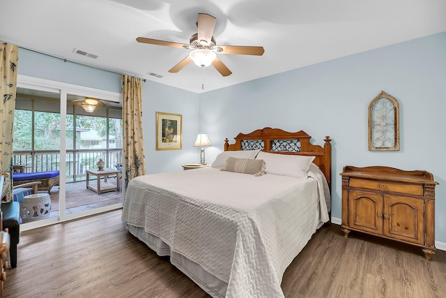 bedroom with access to outside, hardwood / wood-style flooring, and ceiling fan