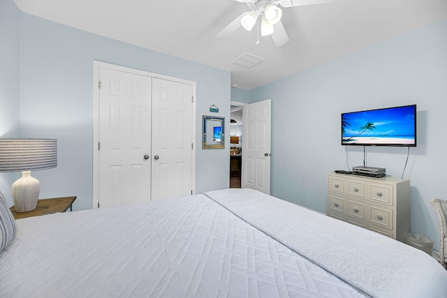 bedroom with ceiling fan and a closet