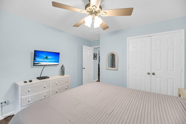 bedroom featuring ceiling fan and a closet