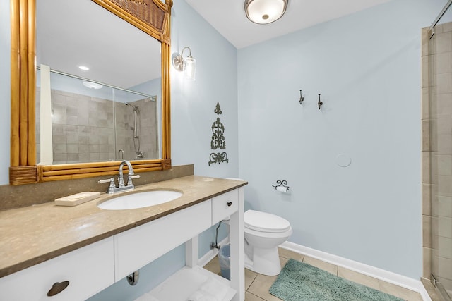 bathroom with walk in shower, tile patterned flooring, vanity, and toilet