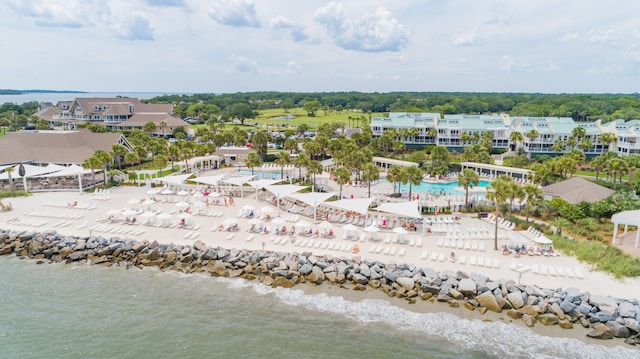 drone / aerial view featuring a water view