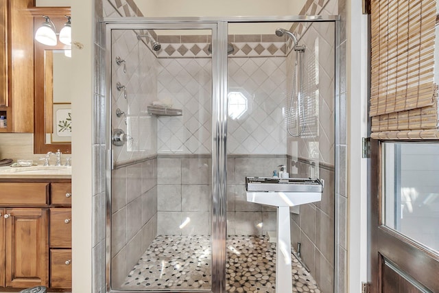 bathroom featuring vanity and a shower with door