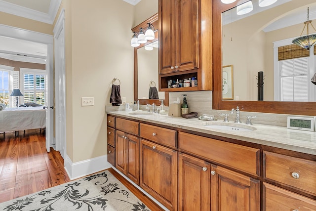 bathroom featuring crown molding, wood-type flooring, and vanity