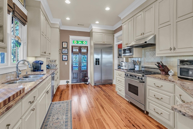 kitchen with tasteful backsplash, sink, white cabinets, built in appliances, and light stone countertops