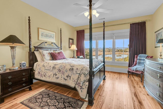 bedroom with light hardwood / wood-style flooring and ceiling fan