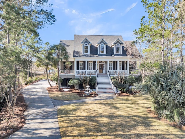 new england style home with covered porch and a front lawn