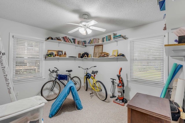 rec room with ceiling fan, carpet floors, and a textured ceiling