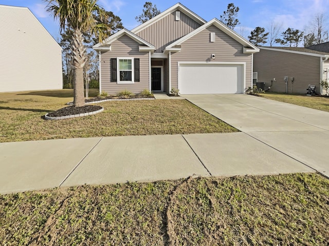 view of front of house featuring a front yard, cooling unit, concrete driveway, a garage, and board and batten siding