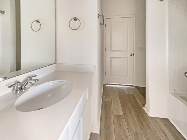 full bathroom featuring wood finished floors and vanity