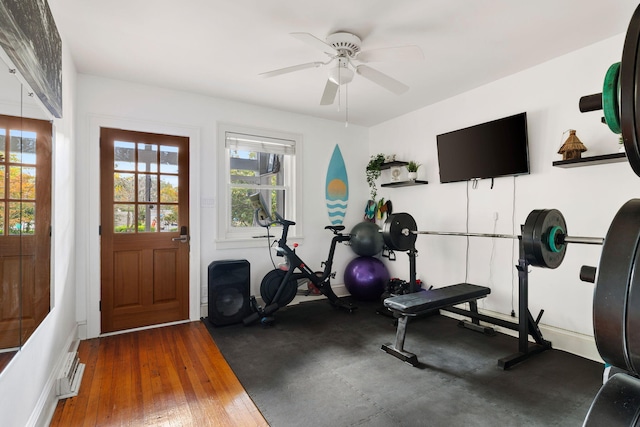 workout area with ceiling fan and dark hardwood / wood-style flooring