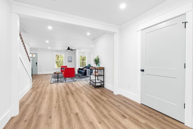 interior space featuring ceiling fan, light wood-type flooring, and crown molding