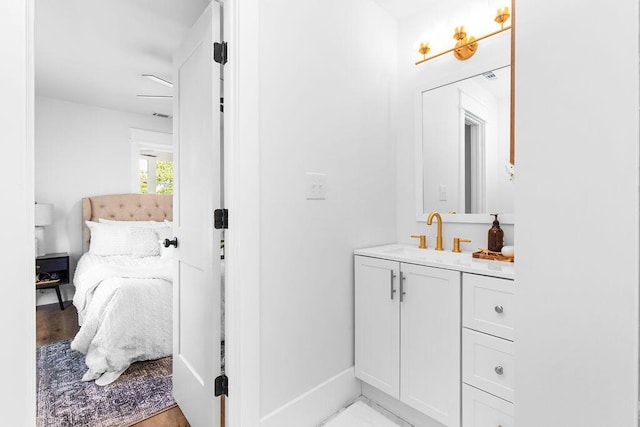 bathroom with hardwood / wood-style flooring and vanity