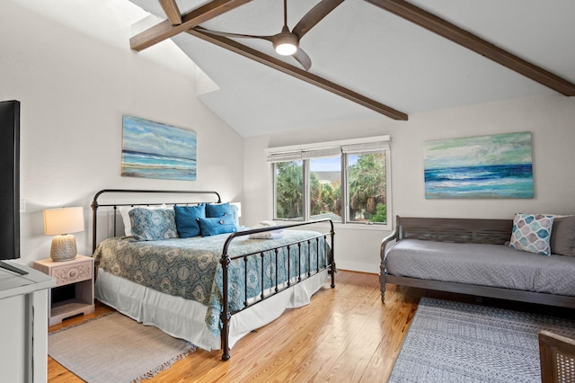 bedroom with vaulted ceiling with beams, ceiling fan, and wood-type flooring