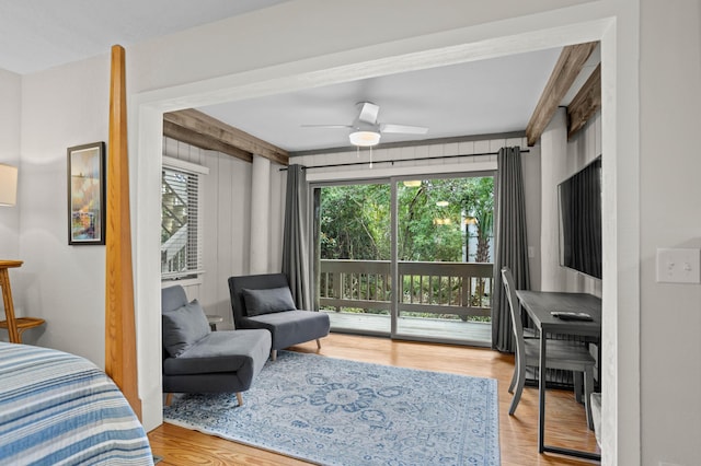 bedroom with access to outside, ceiling fan, and light hardwood / wood-style floors