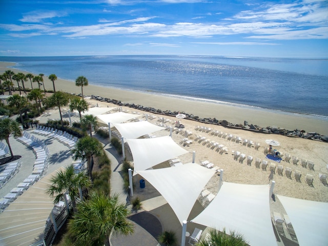 aerial view with a view of the beach and a water view