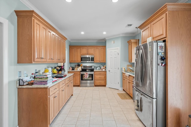 kitchen with stainless steel appliances, recessed lighting, visible vents, and ornamental molding