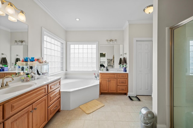 full bath featuring a garden tub, a sink, and crown molding