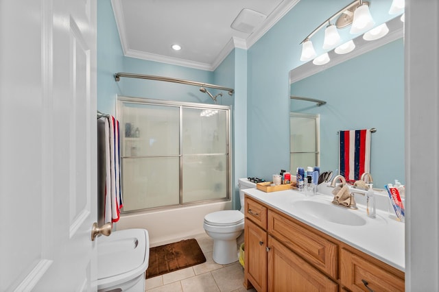 bathroom featuring crown molding, bath / shower combo with glass door, toilet, vanity, and tile patterned floors