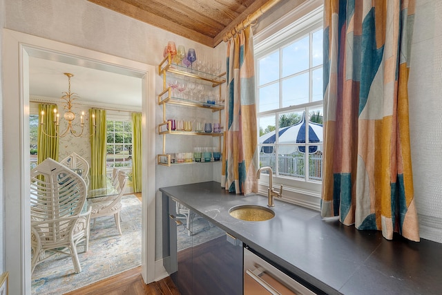 304 Bank St, Mount Pleasant, SC 29464 - home office with a chandelier, wood ceiling, and bar with sink