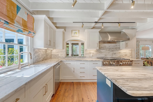 304 Bank St, Mount Pleasant, SC 29464 - kitchen with rail lighting, wall chimney exhaust hood, a sink, stainless steel appliances, and light wood finished floors