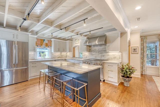 304 Bank St, Mount Pleasant, SC 29464 - kitchen featuring high end appliances, exhaust hood, plenty of natural light, a kitchen breakfast bar, and beamed ceiling
