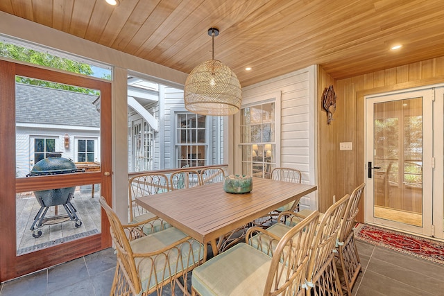 304 Bank St, Mount Pleasant, SC 29464 - dining space featuring wood ceiling, recessed lighting, and wooden walls
