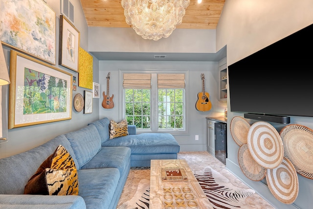 304 Bank St, Mount Pleasant, SC 29464 - living room featuring wooden ceiling, beverage cooler, a chandelier, and baseboards