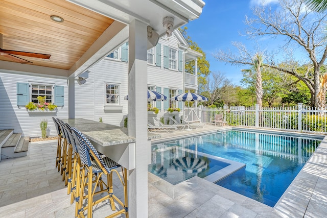 304 Bank St, Mount Pleasant, SC 29464 - view of swimming pool featuring a fenced backyard, a patio, a pool with connected hot tub, and a ceiling fan