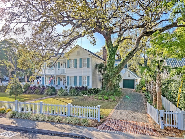 304 Bank St, Mount Pleasant, SC 29464 - view of front of property with a balcony, covered porch, a garage, a chimney, and driveway