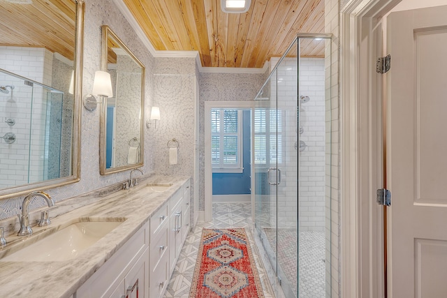 304 Bank St, Mount Pleasant, SC 29464 - full bathroom with a shower stall, double vanity, wooden ceiling, crown molding, and tile patterned flooring