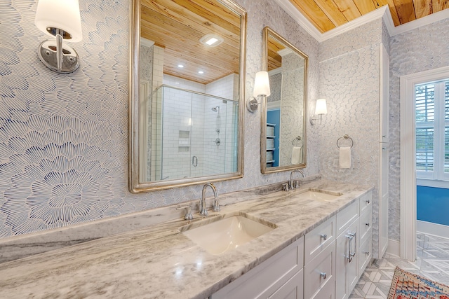 304 Bank St, Mount Pleasant, SC 29464 - full bathroom featuring crown molding, a shower stall, double vanity, baseboards, and recessed lighting
