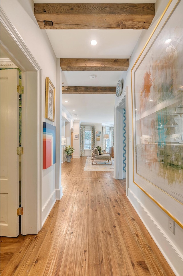 304 Bank St, Mount Pleasant, SC 29464 - hall featuring beamed ceiling, light wood-type flooring, baseboards, and recessed lighting
