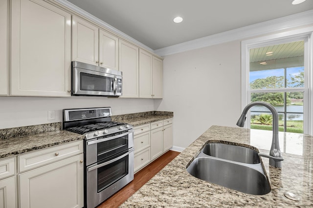 3310 Hartwell St, Johns Island, SC 29455 - kitchen featuring appliances with stainless steel finishes, a sink, dark wood finished floors, ornamental molding, and light stone counters