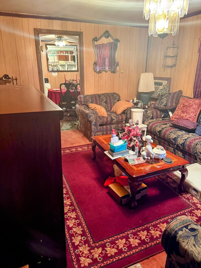 1124 Davidson Ave, Charleston, SC 29407 - living room with carpet, wood walls, and a chandelier