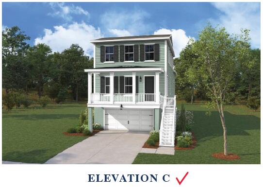 712 Minton Rd, James Island, SC 29412 - raised beach house with stairway, concrete driveway, covered porch, an attached garage, and a front yard