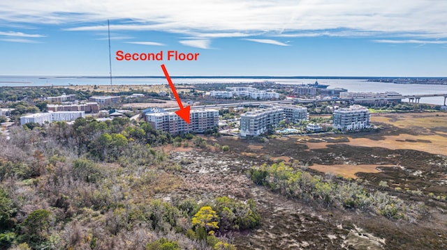 aerial view featuring a water view