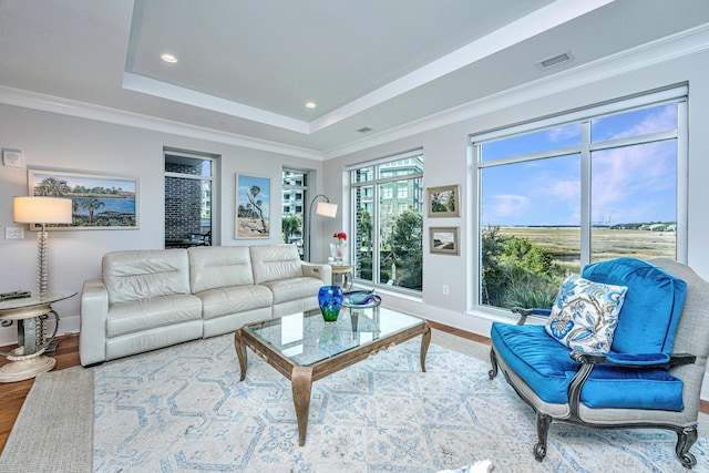 living room with a raised ceiling, crown molding, and hardwood / wood-style floors