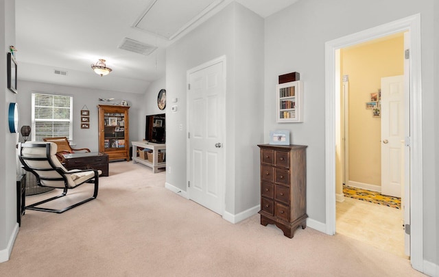 living area featuring light colored carpet