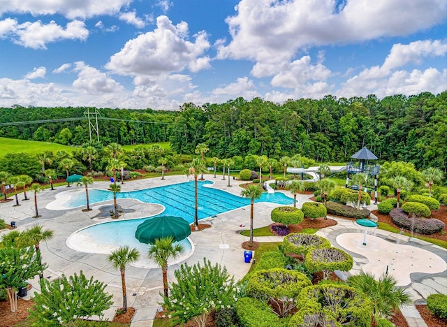 view of pool with a patio area and a water slide