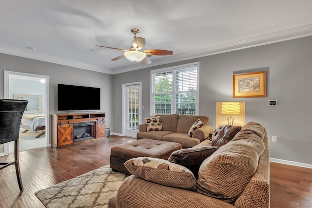 living area with ornamental molding, baseboards, and wood-type flooring